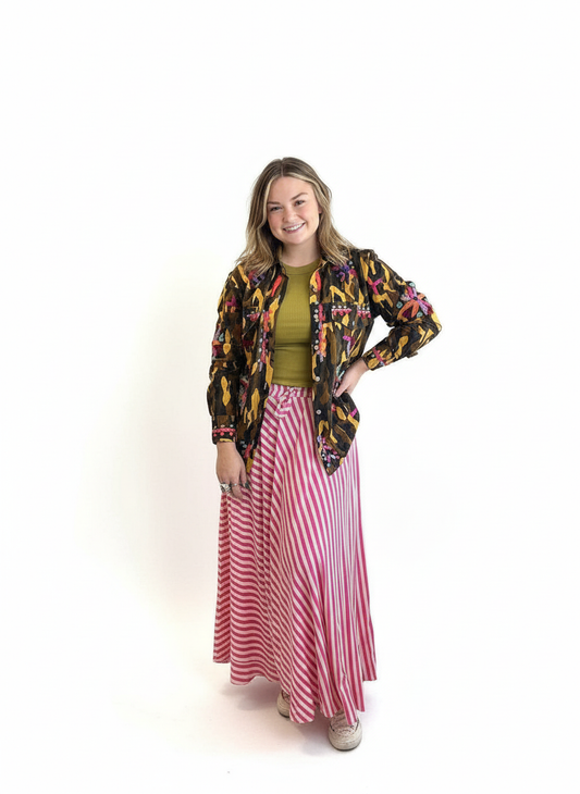 Pink & White Striped Maxi Skirt | High Waisted Flowy Summer Skirt