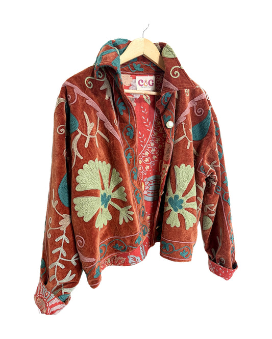 Rust Drucilia Velvet Jacket with hand embroidery in sage, teal and blush