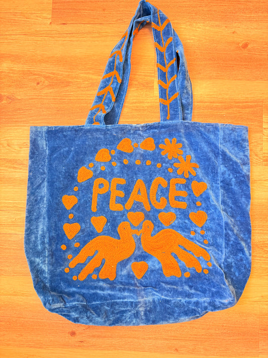 Embroidered Velvet Carryall Tote : Blue/Rust