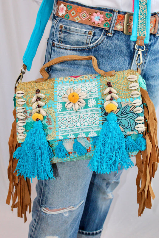 Desert Bloom Fringe Purse : Blue