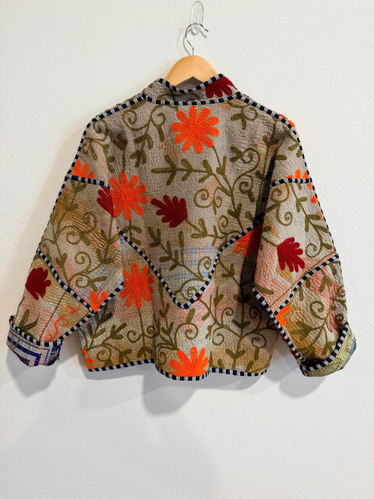 One-of-a-kind reversible vintage blanket jacket with hand embroidery and black and white striped trim, a women's fall statement jacket