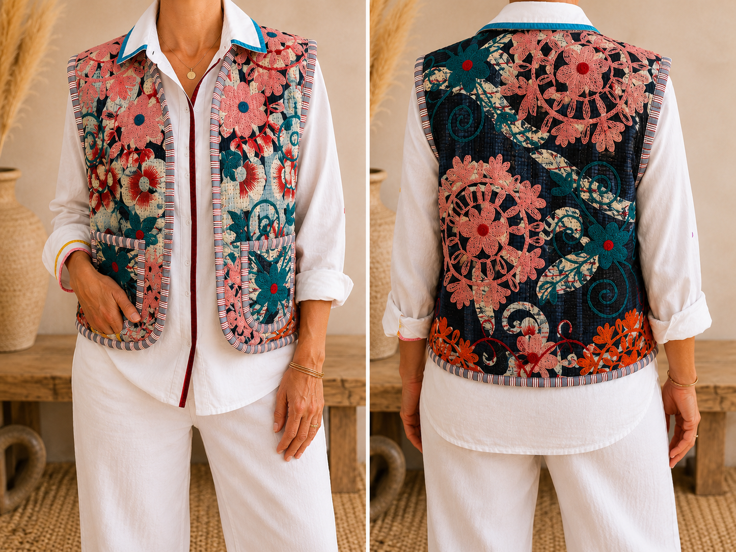 Pink Blossom Embroidered Vest