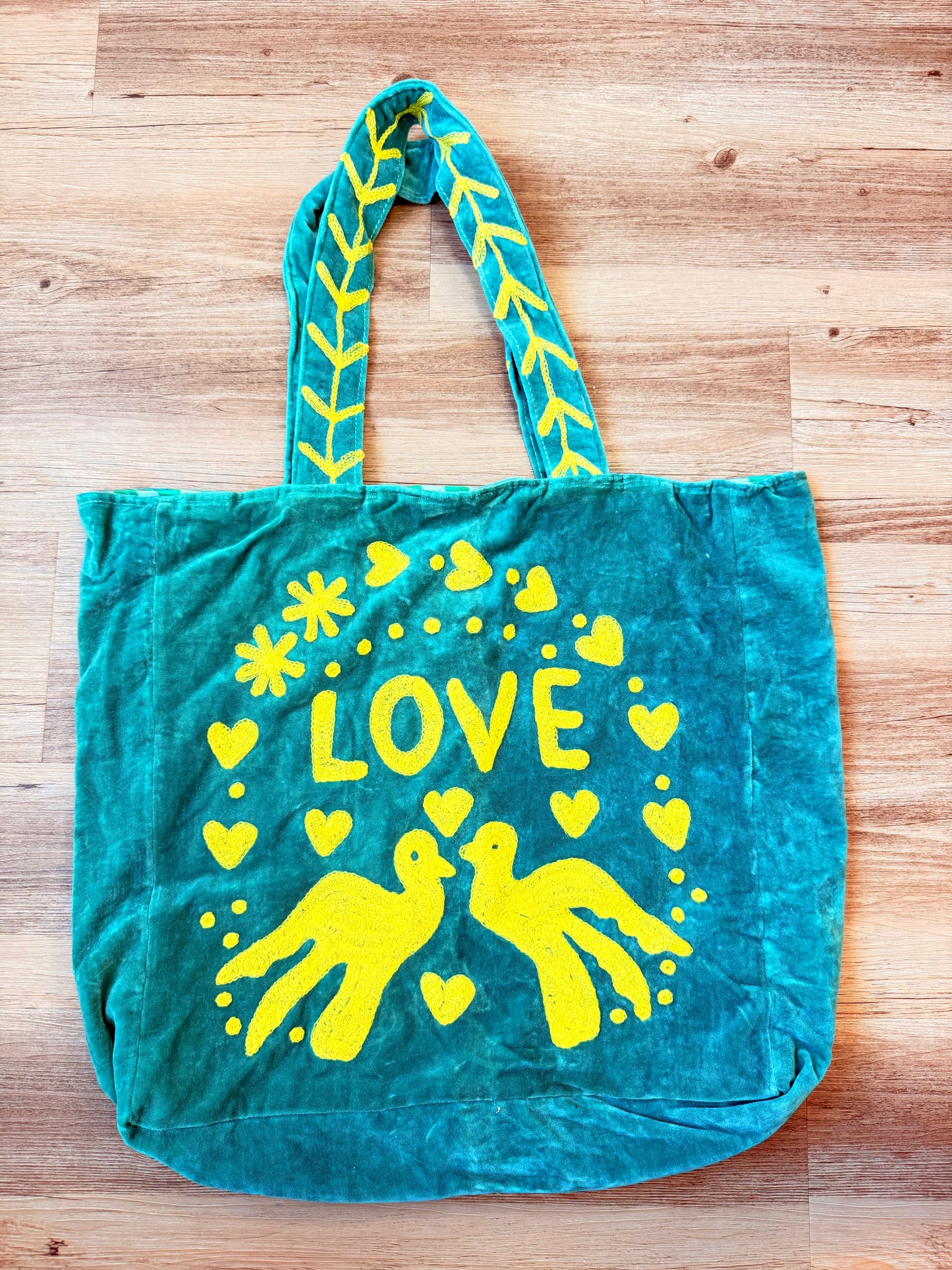 Embroidered Velvet Carryall Tote : Turquoise/Yellow
