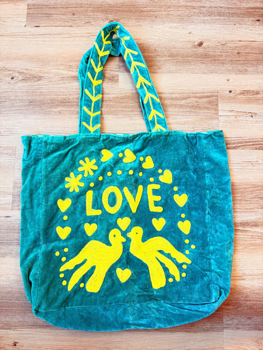 Embroidered Velvet Carryall Tote : Turquoise/Yellow