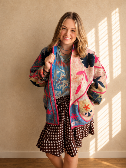 Navy Bloom Cotton Reversible Jacket