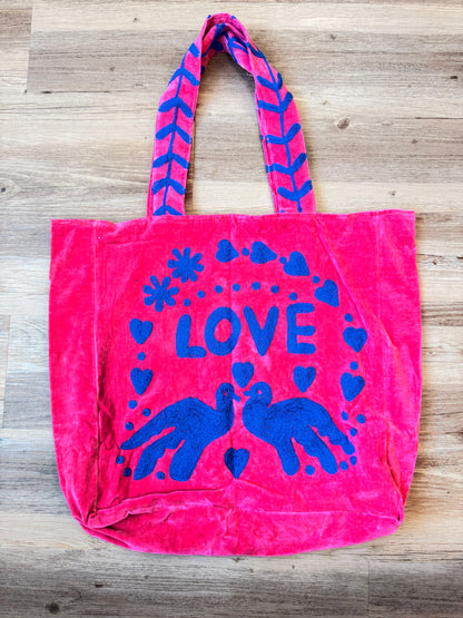 Embroidered Velvet Carryall Tote : Hot Pink/Blue