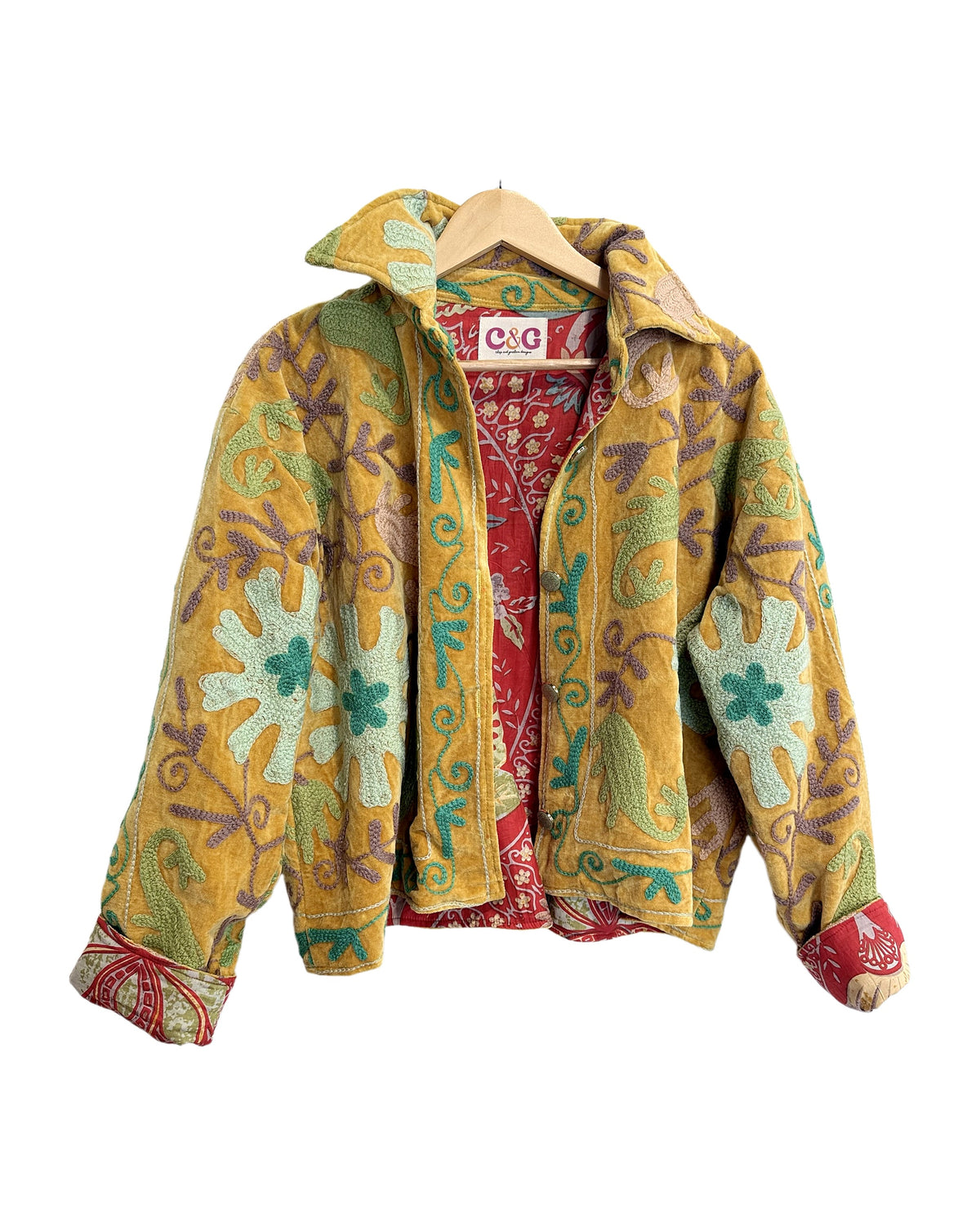 Drucilia Velvet Jacket in Gold, hand-embroidered mustard velvet western jacket by Chap & Graham