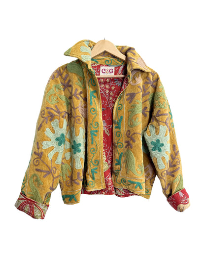 Drucilia Velvet Jacket in Gold, hand-embroidered mustard velvet western jacket by Chap & Graham