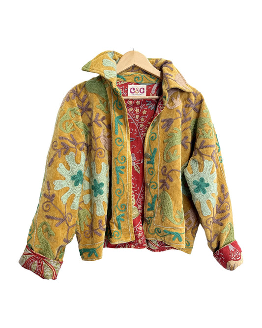 Drucilia Velvet Jacket in Gold, hand-embroidered mustard velvet western jacket by Chap & Graham