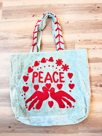 Embroidered Velvet Carryall Tote : Grey/Red
