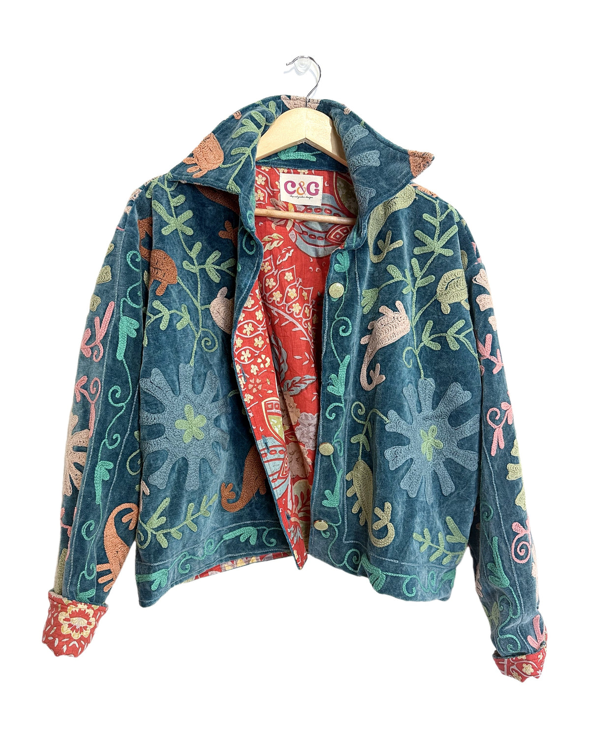 Drucilia Velvet Jacket in Aqua, hand-embroidered teal velvet western jacket by Chap & Graham