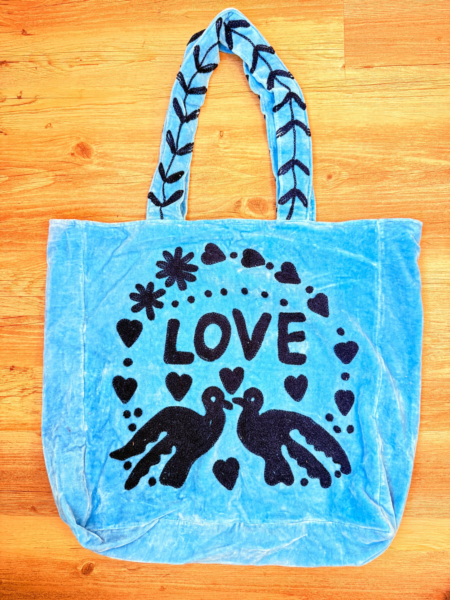 Embroidered Velvet Carryall Tote : Sky Blue