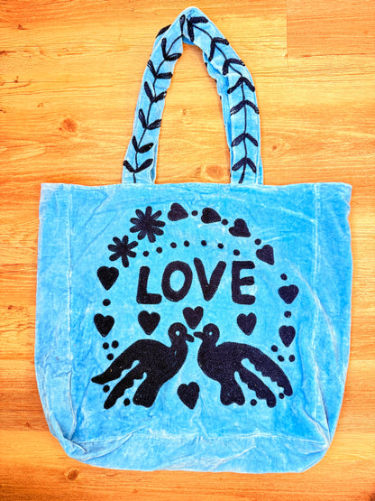 Embroidered Velvet Carryall Tote : Sky Blue
