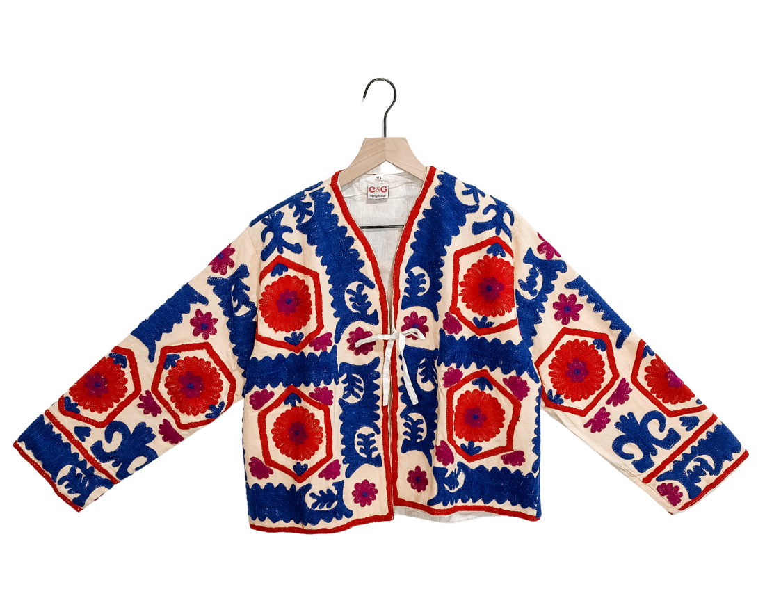 Bloom Medallion Embroidered Jacket, cropped cream cotton jacket with red bloom medallions, royal blue scrollwork and magenta flowers, tie front