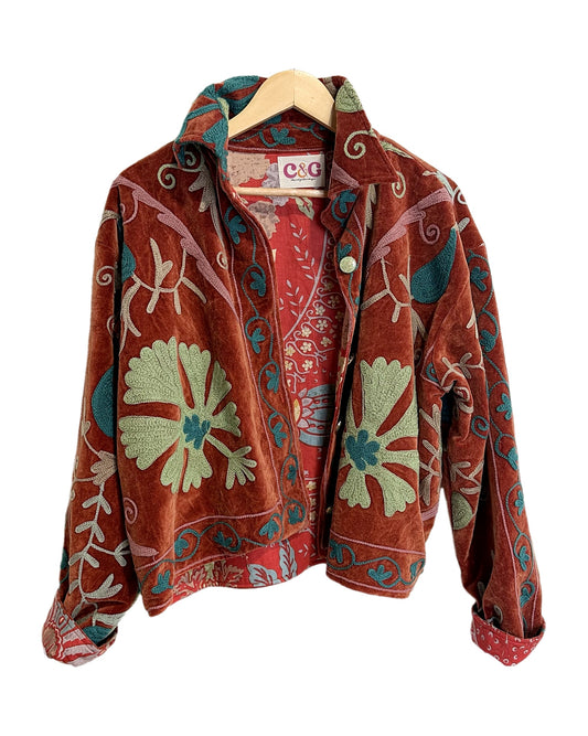 Drucilia Velvet Jacket in Rust, hand-embroidered burnt orange velvet western jacket by Chap & Graham