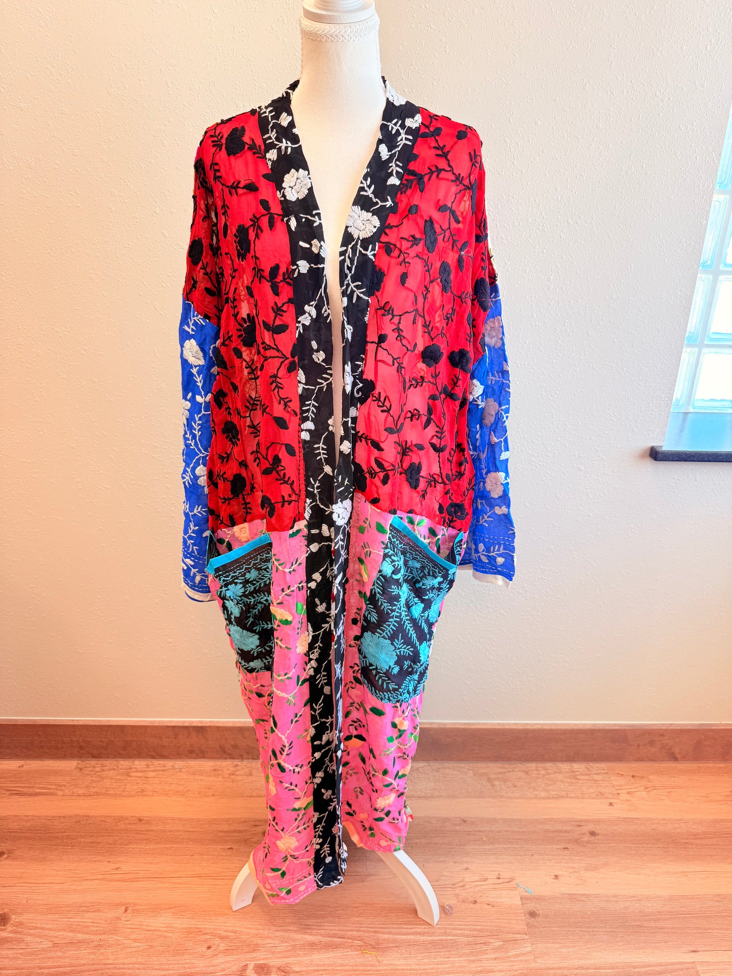 Neon Red Bird Patchwork Kimono