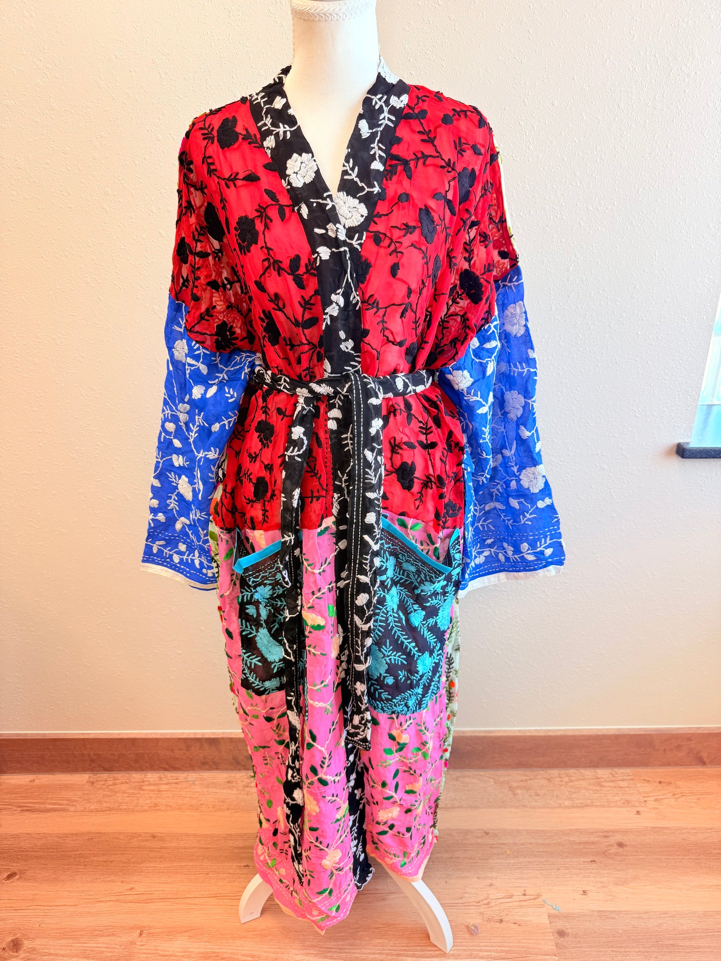 Neon Red Bird Patchwork Kimono