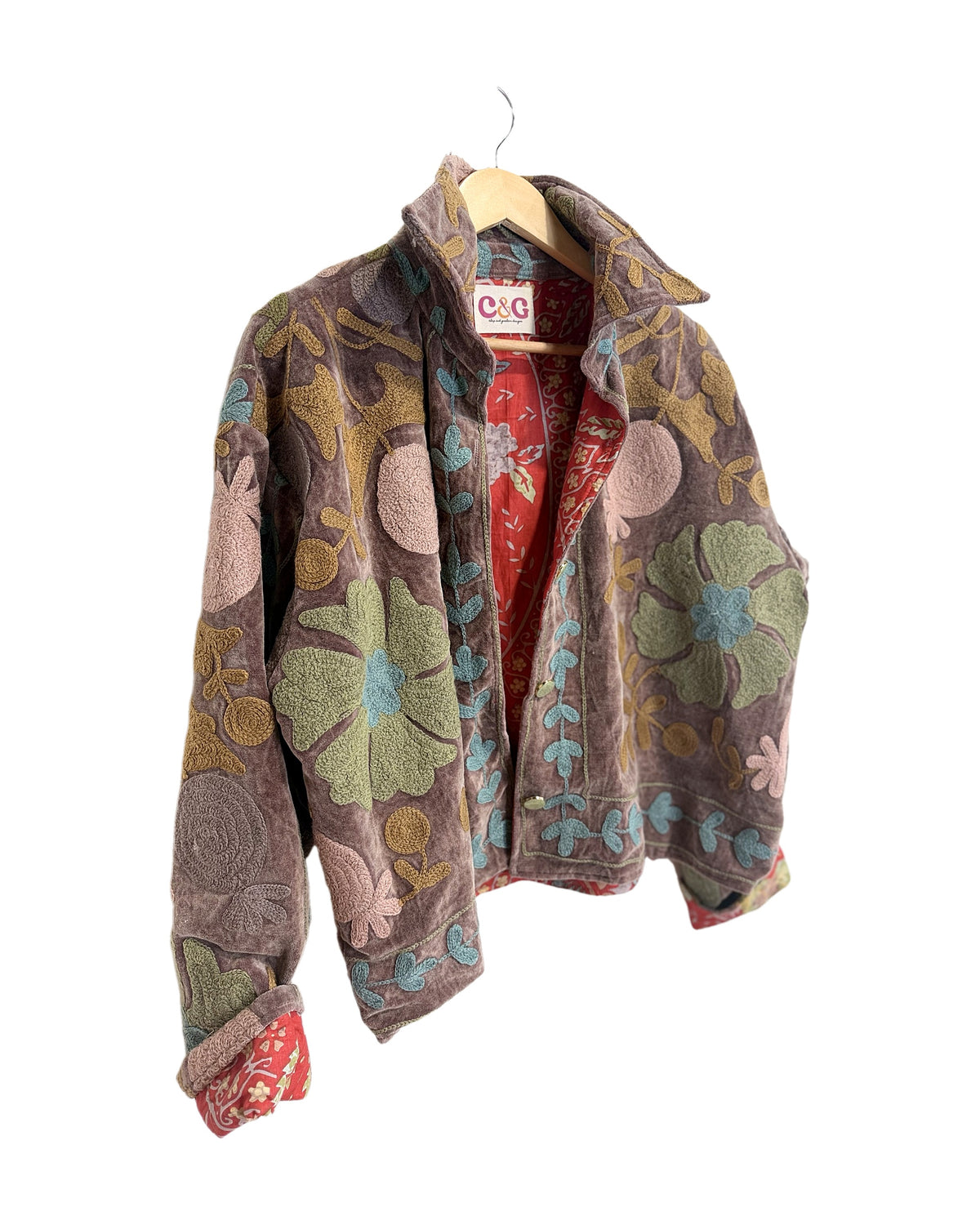Mocha Drucilia Velvet Jacket with hand embroidery in olive, dusty blue, blush and gold