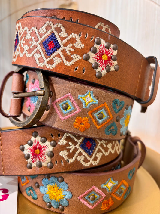 Hand-Embroidered Studded Leather Belt