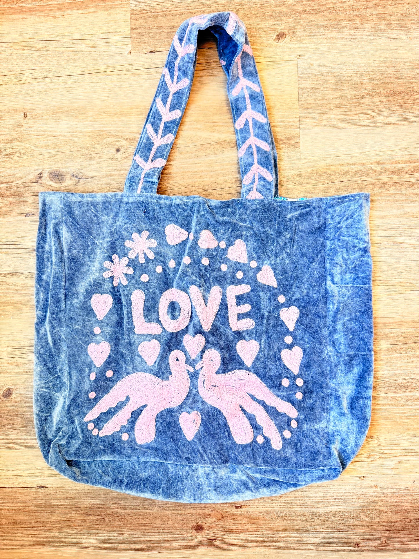 Embroidered Velvet Carryall Tote : Grey/Pink