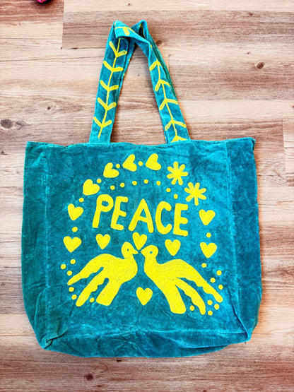 Embroidered Velvet Carryall Tote : Turquoise/Yellow