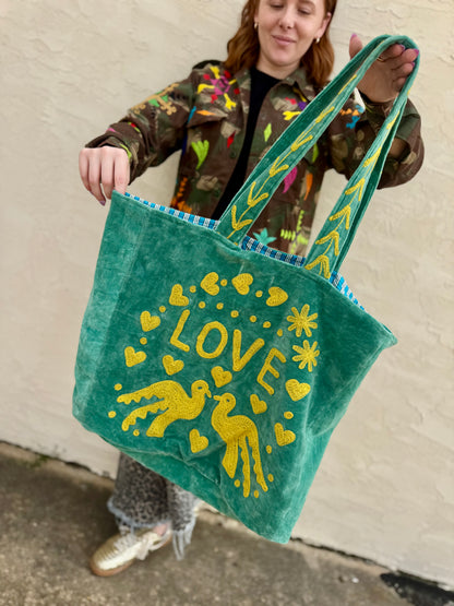 Embroidered Velvet Carryall Tote : Turquoise/Yellow