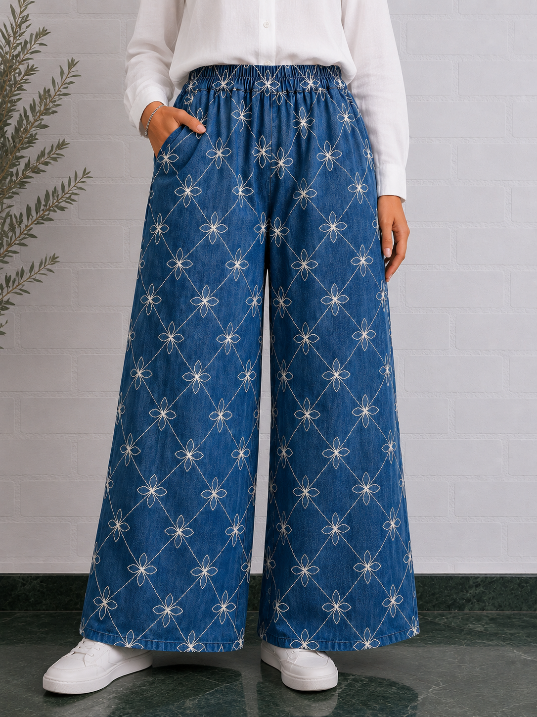 Bluebell Embroidered Wide-Leg Pants
