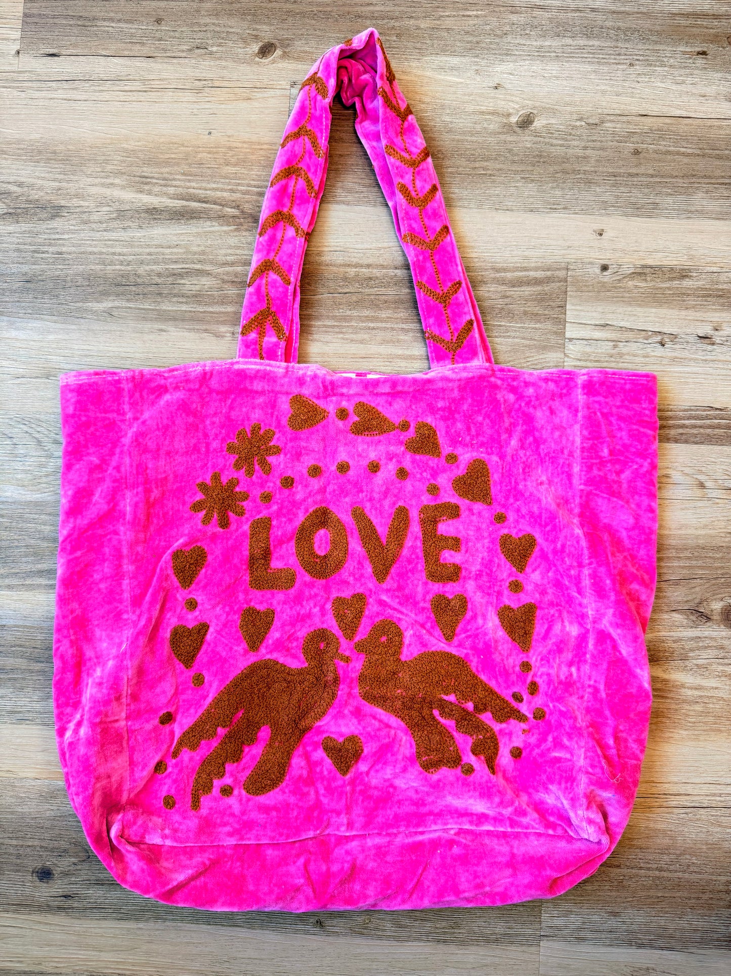Embroidered Velvet Carryall Tote : Pink/Red