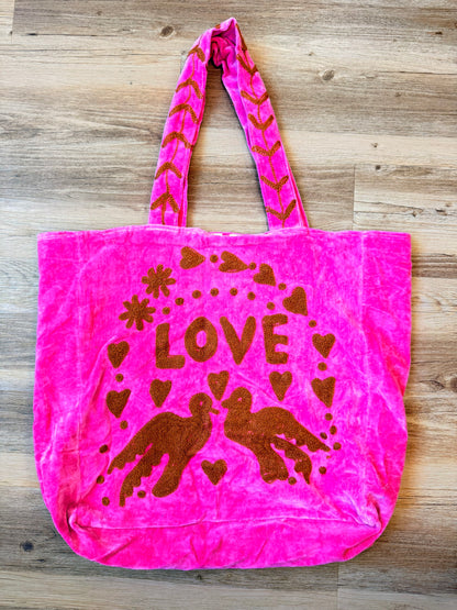Embroidered Velvet Carryall Tote : Pink/Red