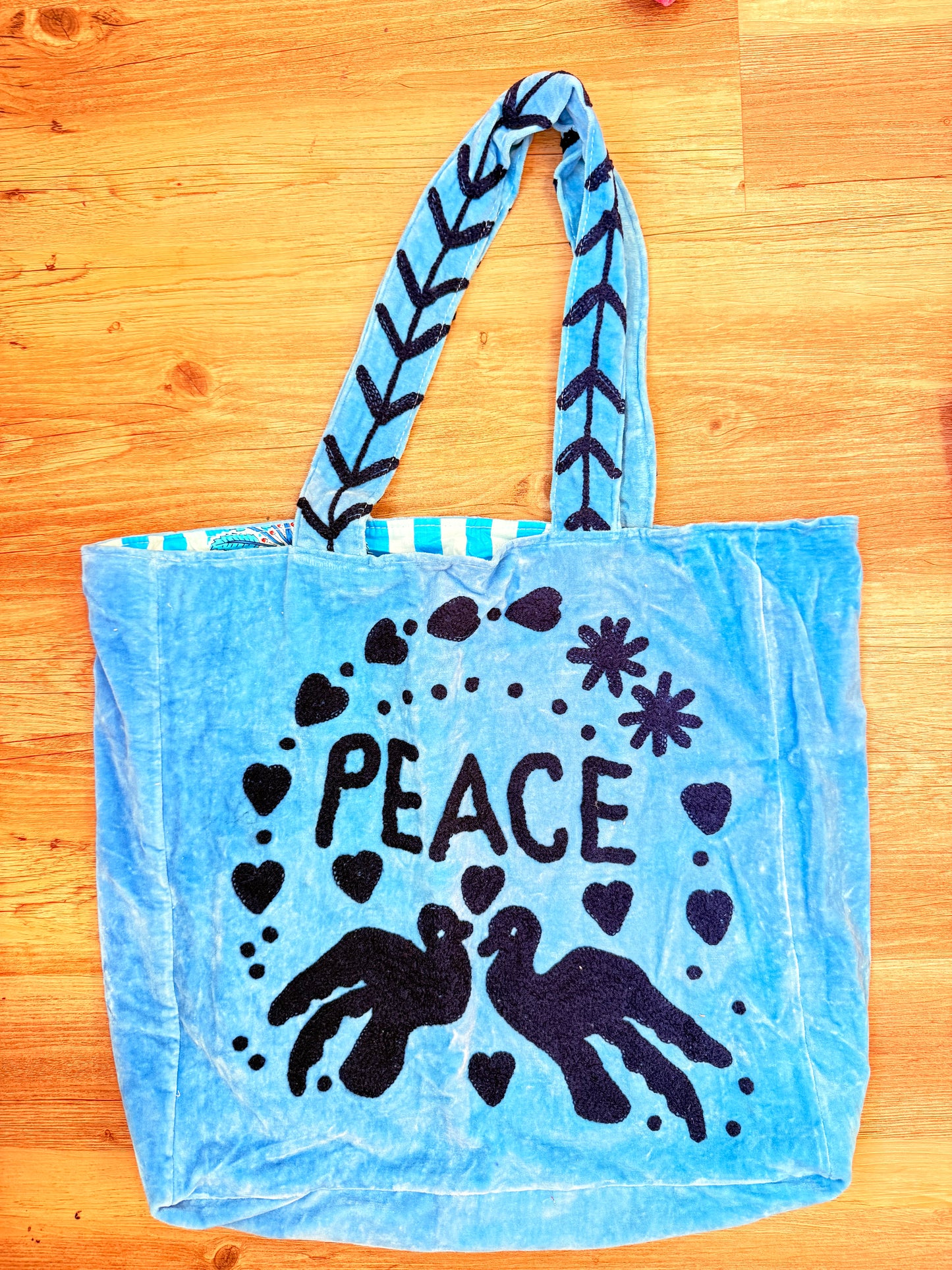 Embroidered Velvet Carryall Tote : Sky Blue