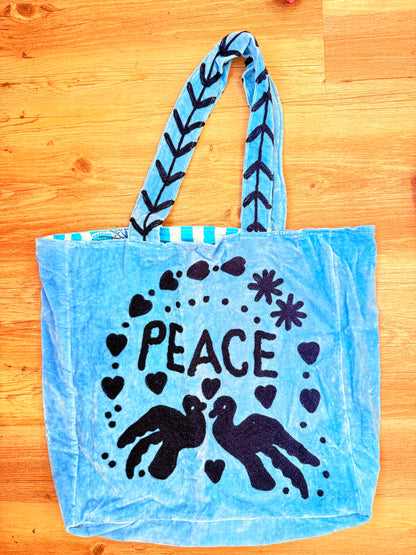 Embroidered Velvet Carryall Tote : Sky Blue