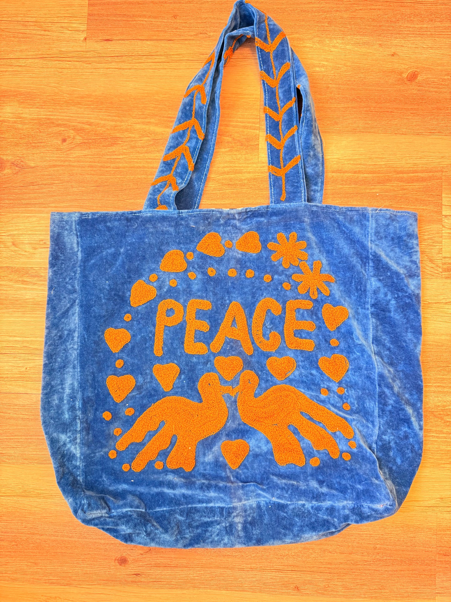 Embroidered Velvet Carryall Tote : Blue/Rust