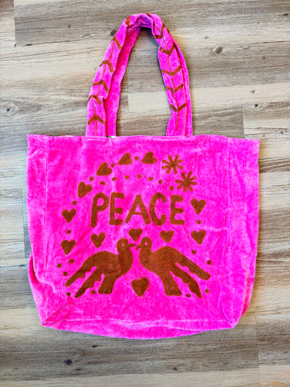 Embroidered Velvet Carryall Tote : Pink/Red