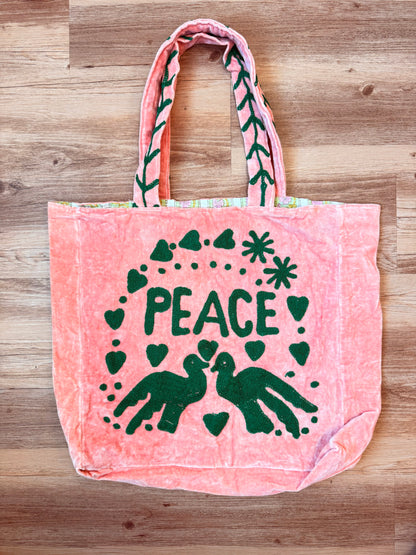 Embroidered Velvet Carryall Tote : Light Pink/Green