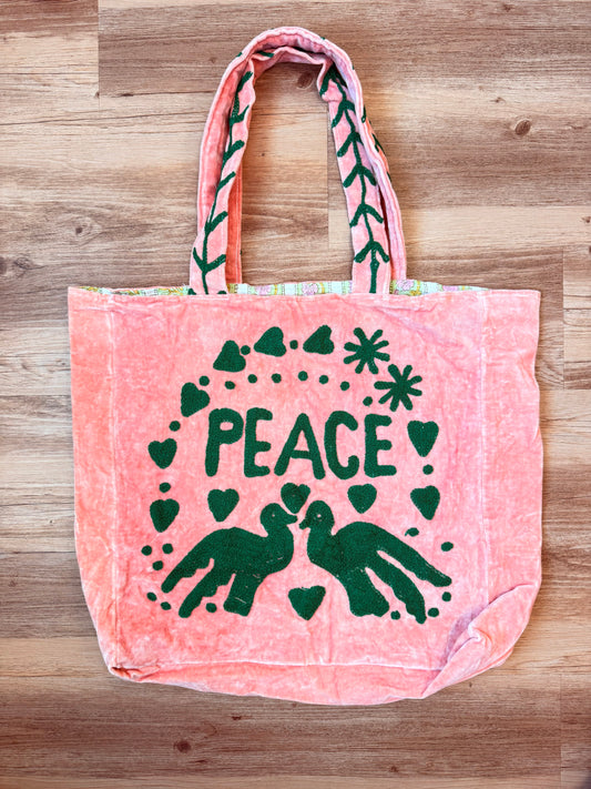Embroidered Velvet Carryall Tote : Light Pink/Green