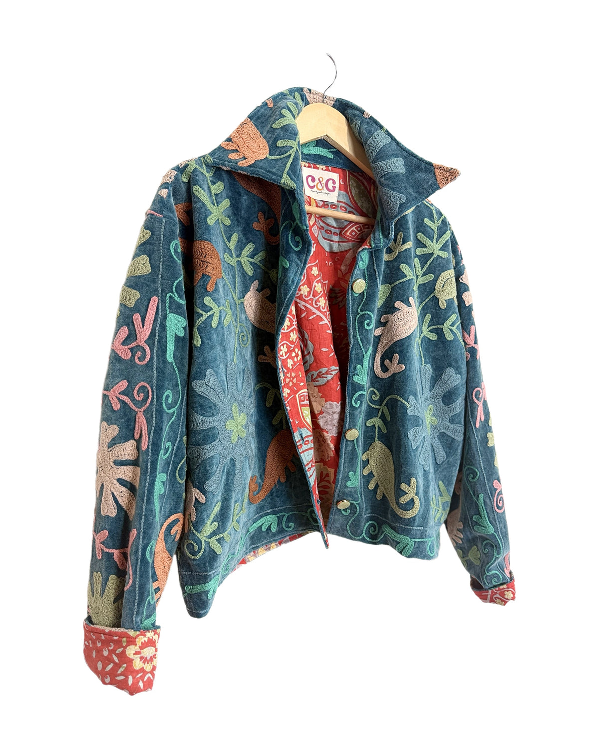 Aqua Drucilia Velvet Jacket with hand embroidery in sage, mint, blush and terracotta