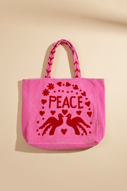 Embroidered Velvet Carryall Tote : Pink/Red