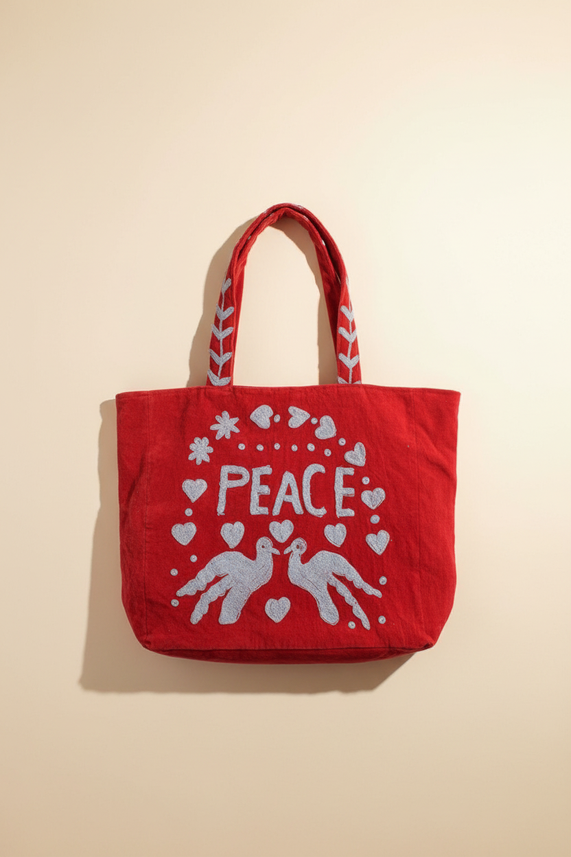 Embroidered Velvet Carryall Tote : Grey/Red