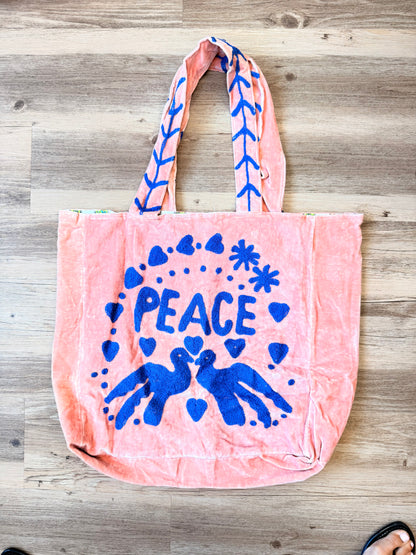 Embroidered Velvet Carryall Tote : Light Pink/Blue