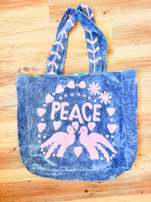Embroidered Velvet Carryall Tote : Grey/Pink