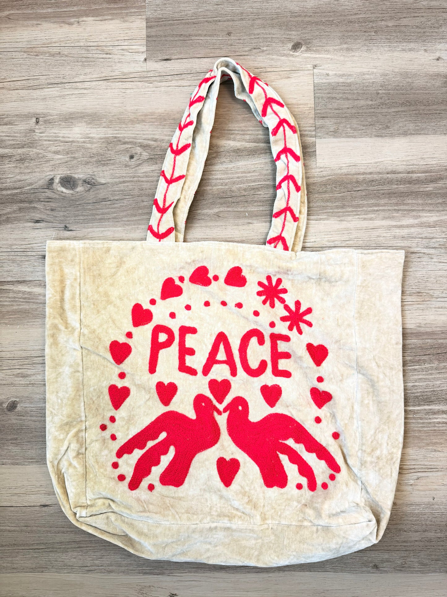 Embroidered Velvet Carryall Tote : Sand/Red