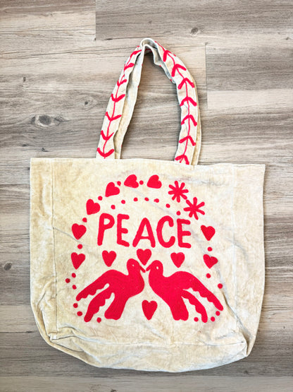 Embroidered Velvet Carryall Tote : Sand/Red