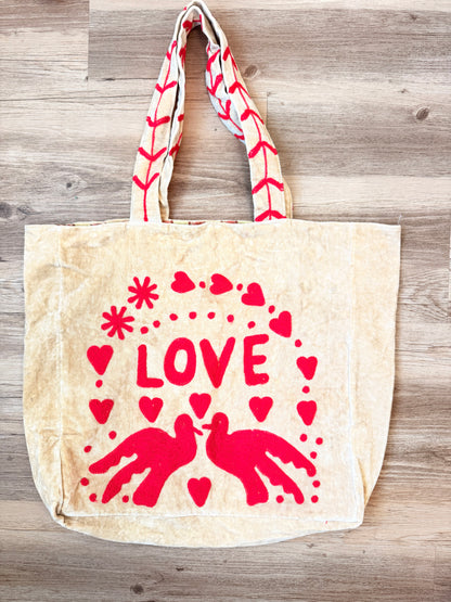 Embroidered Velvet Carryall Tote : Sand/Red