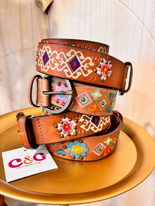 Hand-Embroidered Studded Leather Belt