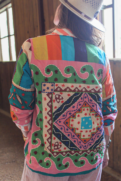 Back of The Tracie Jacket, a women's embroidered cotton patchwork jacket with a hand-stitched medallion and rainbow stripe yoke, by Chap & Graham Designs