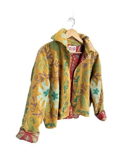 Gold Drucilia Velvet Jacket with hand embroidery in green, teal, blush and mauve
