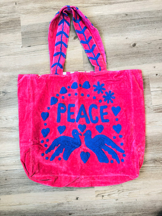 Embroidered Velvet Carryall Tote : Hot Pink/Blue