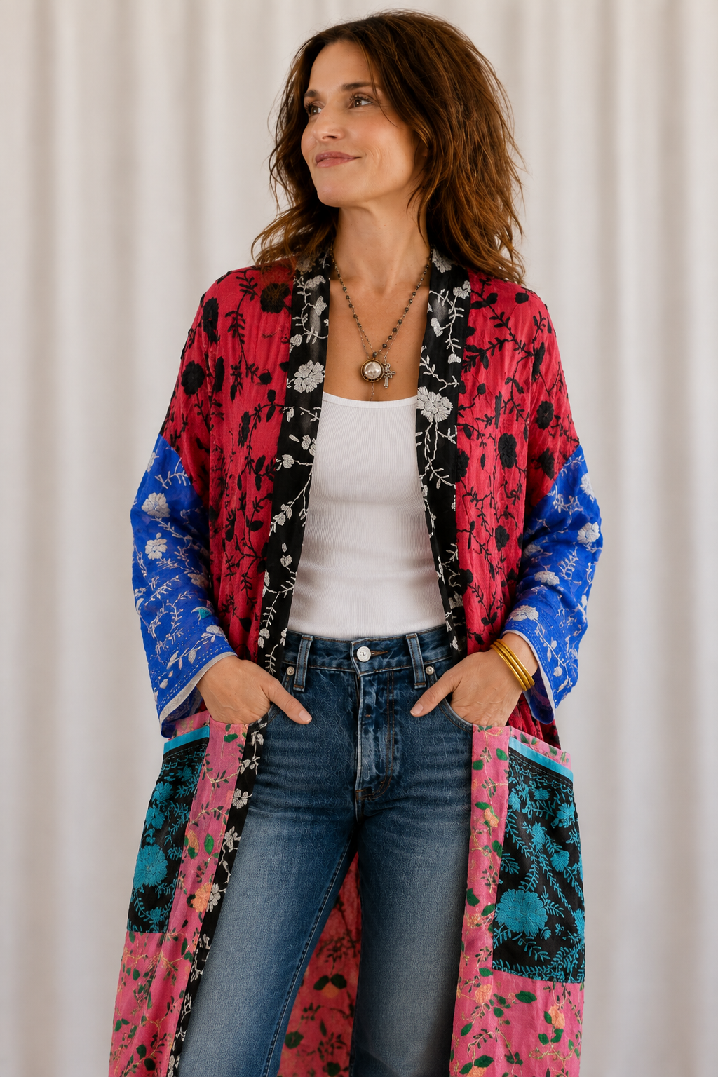 Neon Red Bird Patchwork Kimono