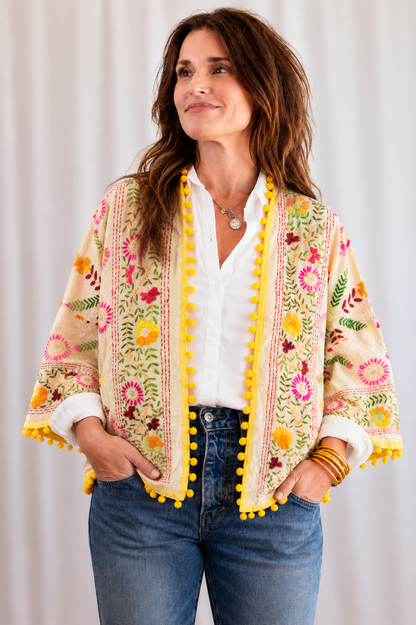 Yellow Cross Bloom Cropped Kimono