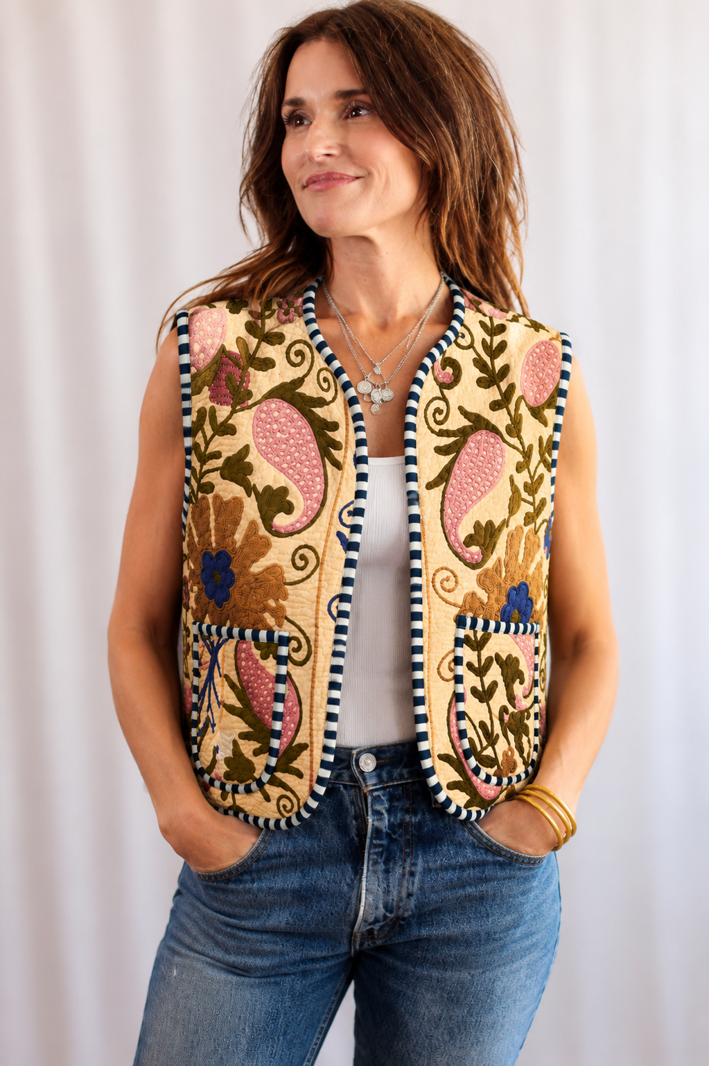 Brown Floral Embroidered Vest